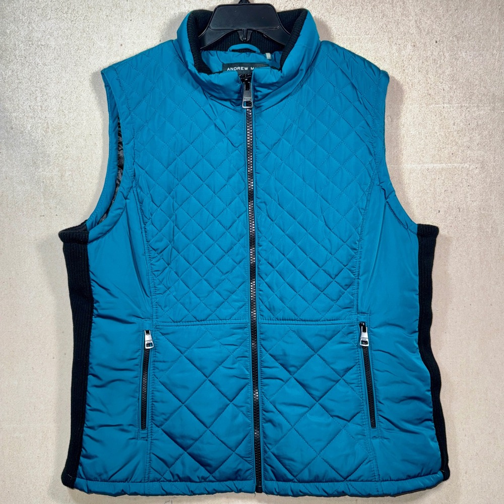 Andrew Marc Women's Quilted Vest Teal Black Full Zip Pockets Size XXL